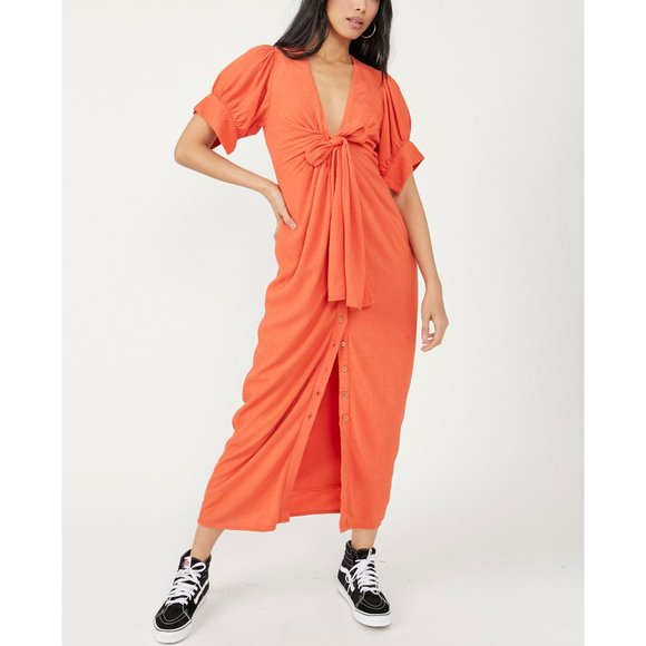 🎉LAST CHANCE🎉 FREE PEOPLE Vintage Summer Midi Dress / Tangerine Tango - Picture 1 of 6